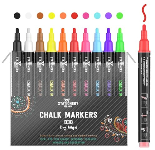 STATIONERY ISLAND Chalk Markers, Dry Erase Liquid Chalk Marker Pens Erasable for Chalkboards, Signs, Windows, Blackboard, Glass and Mirrors - 3mm Fine Tip (Multicolor Pack of 10)