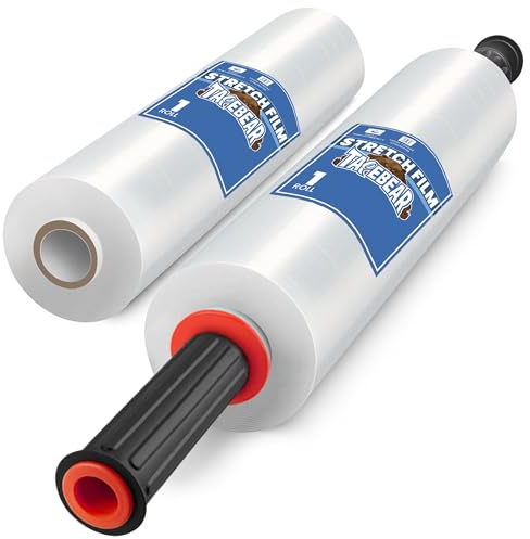 TAPEBEAR Stretchfolie mit Griffen, Transparente Wickelfolie 380mm x 230m | Industrielle Stärke 60 Gauge Kunststofffolie Schrumpffolie für Palettenverpackung, Versand, Umzug, 2 Rollen