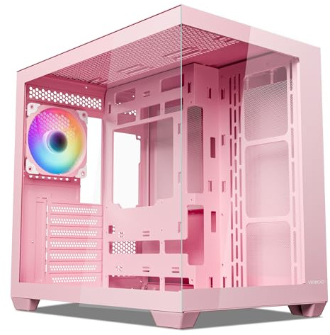 Vetroo AL900 ATX PC Case with 270° Full View Tempered Glass, Pre-Installed ARGB & PWM FDB Fan, Supports 360mm Radiator & 10 Fans, Type-C Ready, for 50 Series GPUs (Pink)