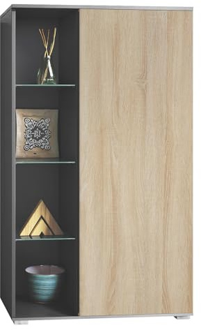 Vladon Vitrine Davos, Made in Germany, Standvitrine mit 3 Glasböden und 8 Fächer, Anthrazit matt/Eiche sägerau (71,5 x 134 x 35 cm)