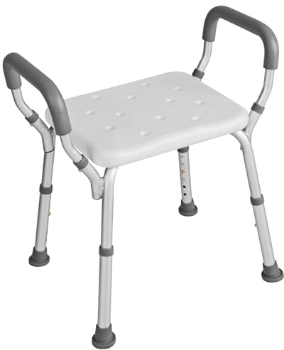 HOMFME Shower Bath Stool, 6 Position Height Adjustable Bath Seat with Detachable Handrails, Drainage Holes, Non Slip Aluminum Bathroom Shower Chair for Elderly Disabled (Grey, 59 x 41 x 54 cm)