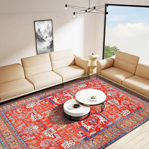 Betadistor Red Rugs Machine Washable Rug 120x160cm Short Pile Non-Slip Backing Non-Shedding Area Rugs for Living Room Bedroom Kitchen Hallway Office 301-06120