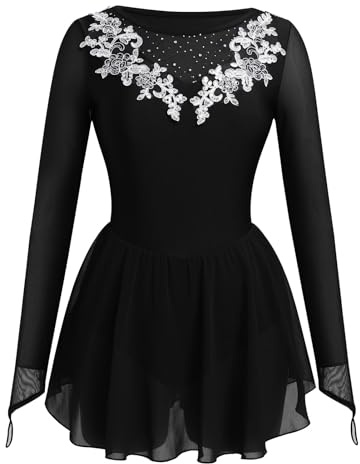 Odasod Eiskunstlaufkleid für Damen, Strass-Stickerei, Netzstoff, langärmelig, Gymnastikanzug, Wettkampf, Übung