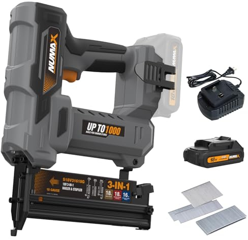 NuMax 18V Cordless 3-in-1 Nail Gun Kit – 2 16 & 18 Gauge Finish Nailer, Brad Nailer, and Narrow Crown Staple Gun – Includes Battery, Charger & Fasteners – S18V31618G