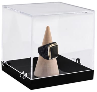 HOMMDECO Champion Ringbox aus Acryl, transparente Ringaufbewahrungsbox mit Holzhalterung, Basis für Basketball, Fußball, Baseball, Softball, Meisterschaftsringe, Sammler und Liebhaber (68 x 68 x 68