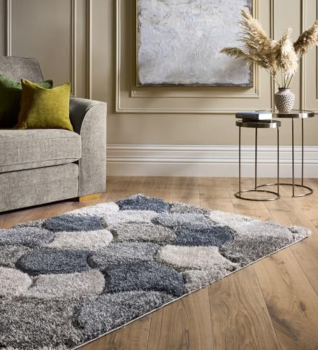 Lord of Rugs 3D Scallop Shaggy Rug for Living Room Bedroom Carpet Soft Silky Fluffy Thick Pile Area Rug Navy Blue Grey, Small 80 x 150 cm (2'6x5')
