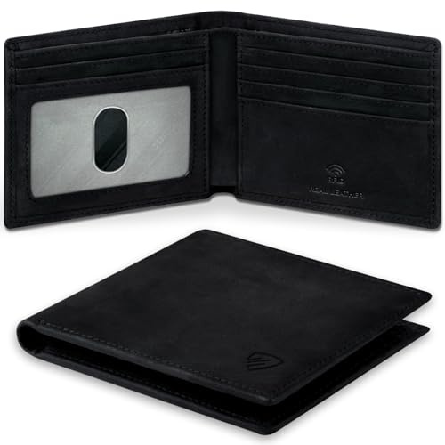 RUNBOX Genuine Leather Bifold Wallet for Men - RFID Blocking Slim Wallet with 9 Card Slots, 1 ID Window & Bill Compartment - Gift Box Packaging