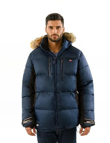 Geographical Norway Danodb Men Dsitribrands Production - Parka Longue Chaude Homme Automne Hiver - Manteau Impermeable Deperlant - Veste Capuche Fourrure Outdoor - Blouson Coupe Vent (Marine L)