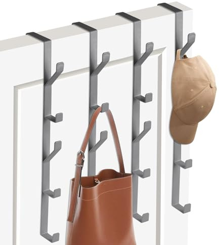Tahbarshi Over The Door Hooks, 4 PCS x 5Hooks Over The Door Hook Hanger Vertical Over The Door Towel Rack, Stainless Steel Over Door Hanger for Bedroom, Clothes, Towel, Hats, Bags Space Saving (Gray)