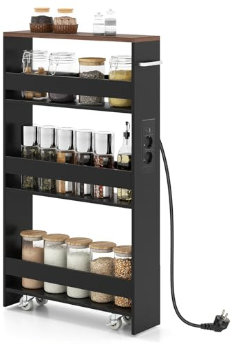 GIANTEX Scaffale per Nicchia da 20 cm di Larghezza, con Base di Ricarica, 4 Piani in Legno su Ruote, Scaffale Sottile per Cucina e Bagno, Carrello a Rotelle (Marrone+Nero, Largo 13 cm, con presa)