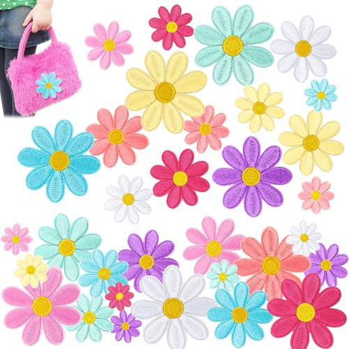 Simsky 32 Stück Patches zum Aufbügeln, Blumen Flicken zum Aufbügeln & Bügelflicken Kinder für Jeans, Jacken, Rucksäcke & DIY, Florale Stickerei Aufnäher in Gänseblümchen-Motiven