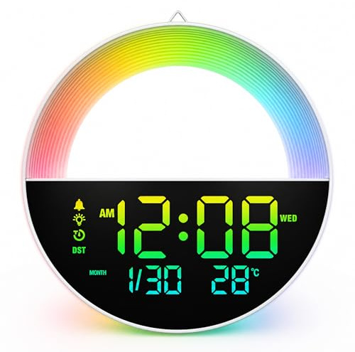 ZENITHTIME Orologio da parete digitale a LED da 25 cm, grande orologio RGB con sveglia e telecomando, 12 modalità di colore, dimmer automatico, temperatura, conto alla rovescia, per soggiorno, camera
