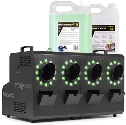 BeamZ Cyclone400 Seifenblasenmaschine mit Nebel & LED mit 10 Liter Fluid – Nebelmaschine mit 24 RGBW LEDs – Smoke Bubble Machine, DMX & Fernbedienung, Seifenblasen Maschine für Partys & Events