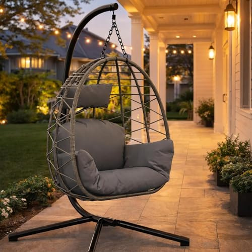 Litake Hängesessel in Eiform mit Sockel, Schaukelstuhl für drinnen und draußen, Hängesessel aus Rattan für den Garten mit Kissen, Belastbarkeit 150 kg, geeignet für Balkon, Hinterhof und Garten (Grau)