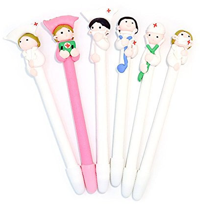 Lindo Soft Pottery Doll Pens Set Bolígrafo Negro Tinta Gel Pluma Oficina Regalo de la Escuela Decoración Médico y Enfermera (6 Unids)