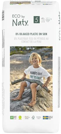 Eco by Naty Premium Einweg-Windeln für empfindliche Haut, Größe 5, Packung mit 1 x 40 (40 Stück) – pflanzliche Premium-Windel mit 0% Öl-Kunststoff auf der Haut