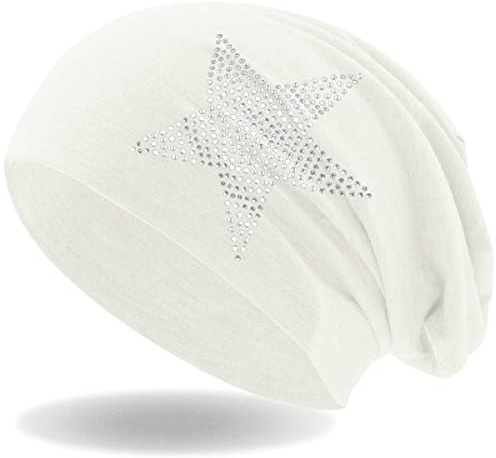 Hatstar Strass Stern Damen Beanie Mütze | elastisches Slouch Long Beanie | Mädchen Mütze | mit edler Strass Applikation | leicht und weich