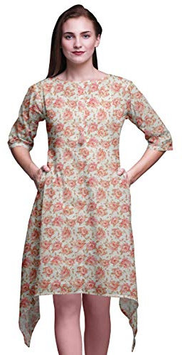 Bimba Rosa Blätter & Begonie Blumen- Asymmetrische Kurta indische Tunika für Frauen Druckten indische Kleidung X-Large