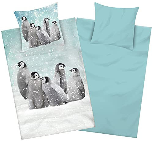 Aminata kids Ropa de cama de franela de 135 x 200 cm, diseño de pingüinos para niños y adultos, suave, cálido, franela de algodón con cremallera, diseño reversible, animales de invierno, nieve, color