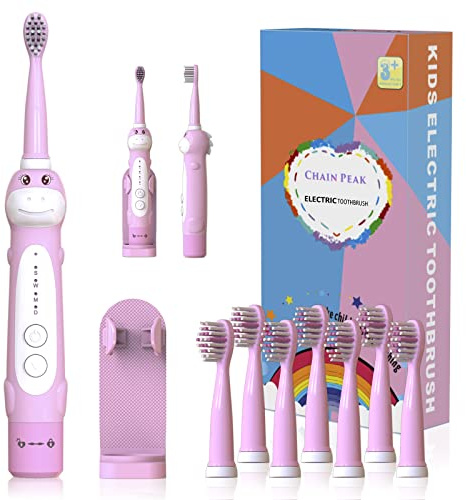 Cepillo de dientes de dinosaurio, cepillo de dientes eléctrico sónico recargable para niños, niño niña de 3 a 12 años, recordatorio de 30 segundos, temporizador de 2 minutos, 5 modos, 8 cabezales