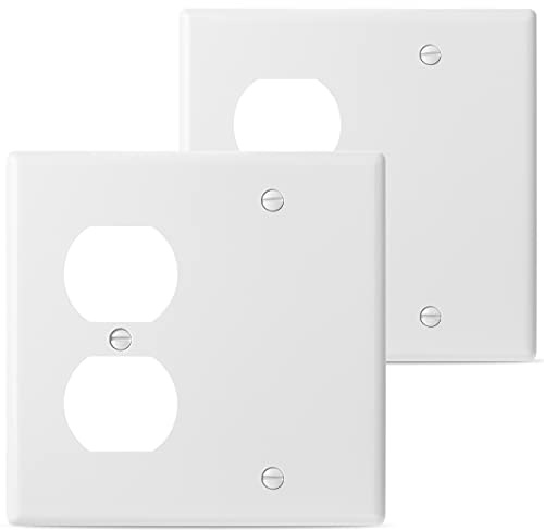 Bates- 2-Gang Combination Wall Plate, 2 Pack, 4.5 x 4.57, White, 1 Duplex/1 Blank Standard Size with Matching Screws, 2 Gang Outlet Cover, Double Outlet Cover Plate