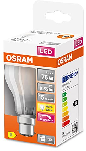 Osram Dimmbare Filament LED Lampe mit B22d Sockel, Warmweiss (2700K), klassische Birnenform, 8W, mattes Glas, Ersatz für herkömmliche 75W-Glühbirne, 6er-Pack