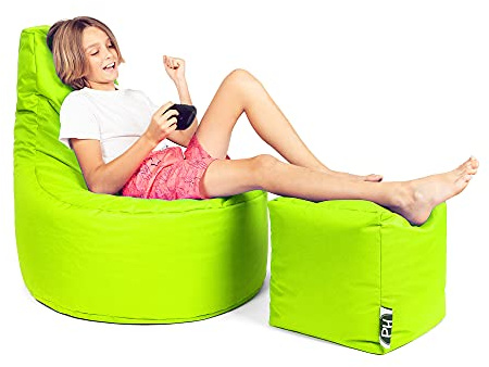 PATCH HOME Gamer kudde, lounge, kudde, sittdyna, saccosäck, kub/pall med dragkedja, redan fylld (neongul, XXL – Ø 80 cm fåtölj 35 x 35 cm kub)