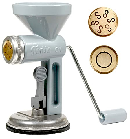 Nudelmaschine manuell mit Saugnapf und zwei Matrizen aus Messing für Casarecce und Paccheri | TORKIO OK Leonardo Teigschneider