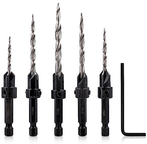 Mesee 5 Stück Kegelsenker Bohrer Set, Schnellarbeitsstahl Bohrer Satz, 1/4 Zoll Sechskantschaft HSS-Bohrer, Reibahle Kernbohrer mit Inbusschlüssel zum Holzbohren, Kunststoff, Weichmetall Plastic