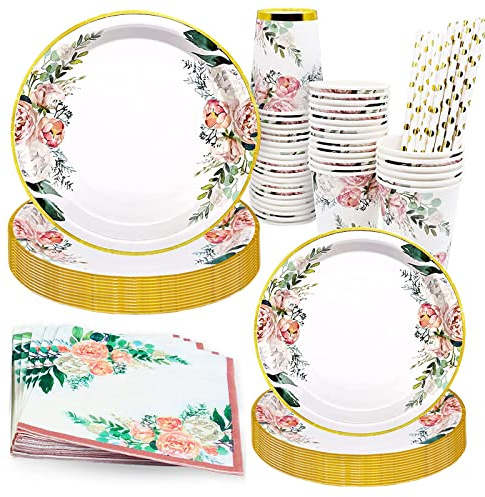 Bymivofun 125 piezas Vajilla de Cumpleaños con Flores, para 25 Invitados, Suministros de Papel para Fiestas de Cumpleaños Infantiles Florales, para Decoración de Fiestas Temáticas para Niños y Niñas