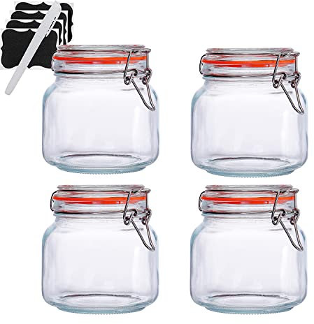 Hovico 25 oz Glass Jars With Airtight Lids And Leak Proof Rubber Gasket,Wide Mouth Mason Jars With Hinged Lids For Kitchen Canisters 750ml, Glass Storage Containers