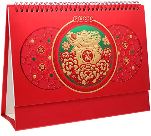 ZORILO Schreibtischkalender 2023 GeschenkChinesischer Stil Schreibtischkalender 2023 Jahreskalender Verzierung Multifunktions-Tischkalender Dekor (Farbe: Rot 2)