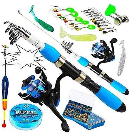 Allround Angelrute Tragbaren Teleskop Angeln Reise Combo 1.0-1.8m Angel und Spinn Blau Reel Baits Haken Linie Full Set Einsteiger (Size : 1.8m, Color : Fishing Full Set)