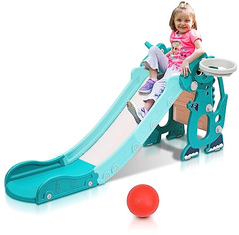 Jopassy Scivolo 4 in 1, Torre da Gioco con Telaio da Basket e Macchina Inglese Early Learning Machine, Scivolo per Bambini dai 2 Anni in Su, Verde