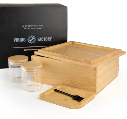 Viking Factory The OG Storage Box - Large Bamboo Box with Tray Lid, 2 Jars and Brush - Portable Decorative Wooden Box Kit with Accessories
