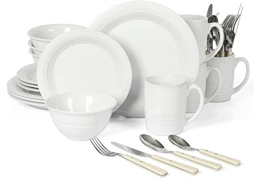 Martha Stewart 32 Piece Stoneware Dinnerware and Flatware Combo Set - Linen White