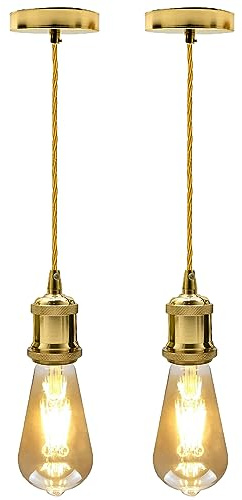 LEDSone French Gold E27 Pendant Light Fitting 2 Pack – Vintage Metal Ceiling Light Kit with 1m Twisted Braided Cable, Hanging Lamp Holder for Kitchen Island, Dining Room & Café