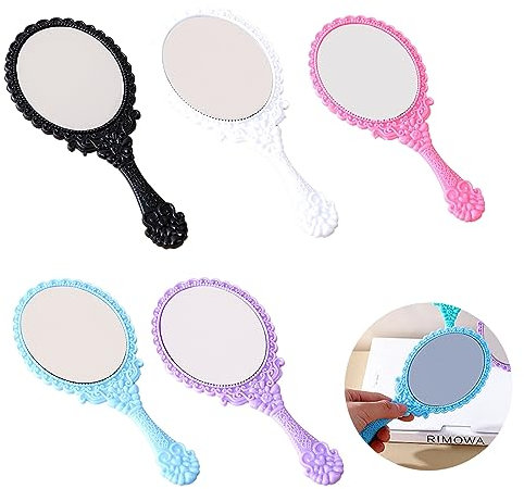 TECKI 5 Pack Hand Schminkspiegel - Handspiegel im Prinzessinnen-Stil, Retro, mit Griff, praktisch, niedlich, Kunststoff (Schwarz, Weiß, Blau, Rosa, Lila)