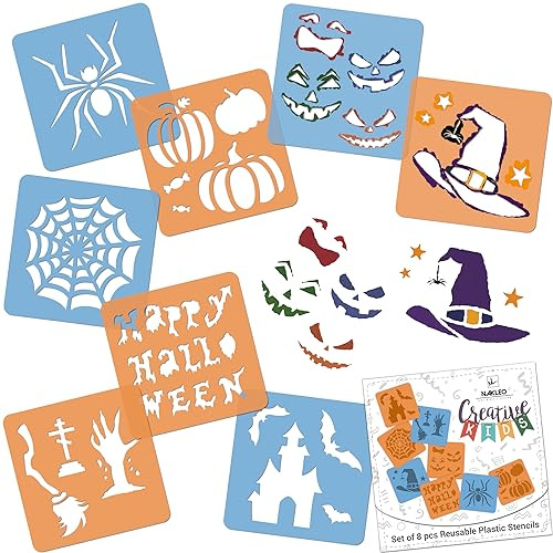 NAKLEO Schablonen Malen für Kinder, 8 Stück Set 15x15cm Halloween | Kreatives Zeichenschablonen, Kunststoff Wiederverwendbar Malschablone DIY Handwerk, Papier Wand Holz Stoff