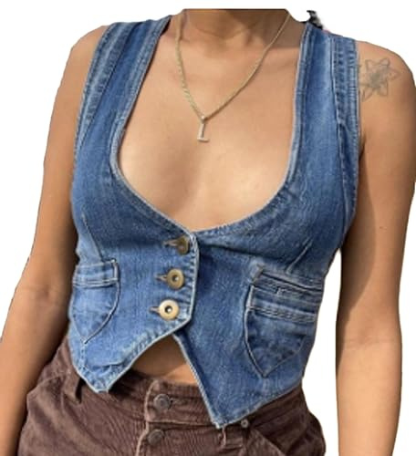 Women Button Down Denim Vest Y2K Sleeveless Deep V Neck Cropped Jean Tank Top Fitted Jacket Waistcoat Streetwear(Jean Blue 5,M)