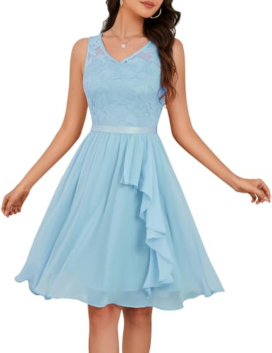 Meetjen Cocktailkleider Elegant für Hochzeitgast V-Ausschnitt Kurz Chiffon Spitzenkleid Abiballkleid Ärmelloses Blau XL