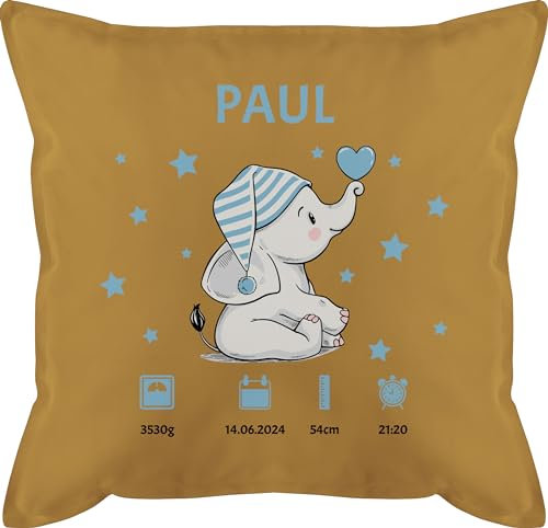 Kissen 50x50 - Elefant Geburtsdaten mit Name Geschenk zur Geburt Geschenkidee I Geldgeschenk zur Geburt - 50 x 50 cm - Gelb - Baby personalisierte Geschenke geburtskissen Geburtsgeschenk Neugeborene