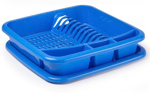 ACAN Tradineur - Escurreplatos de Plástico - Fabricado en plástico - Organizador de Cocina, Escurridor con Bandeja para Cocina - 39 x 39 x 7,5 cm - Color Azul