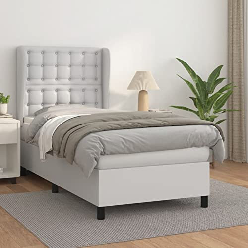 Tidyard Boxspringbett mit Matratze Bett mit Kopfteil Polsterbett Jugendbett Bettrahmen Hotelbett Schlafzimmerbett Gästebett Designerbett Doppelbett/Einzelbett Seniorenbett Weiß 90x200 cm Kunstleder