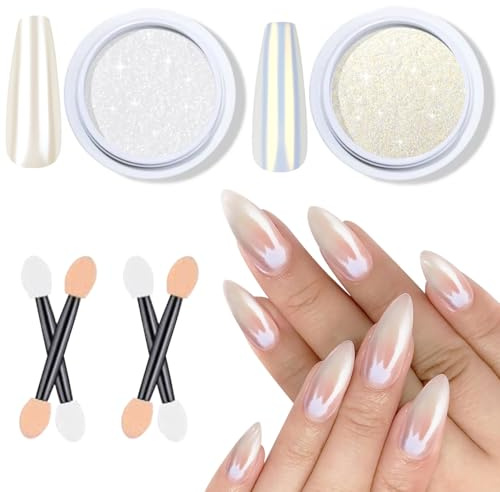BISHENGYF Perle Chrome Nail Powder Weißes Nagelpuder【Super Aurora】Transparent Chrome Nail Glitter Clear Mermaid Nail Glitter Einhorn-Maniküre-Deko fur Nail-Art-DIY-Liebhaber, Einfach Verwendendes Set