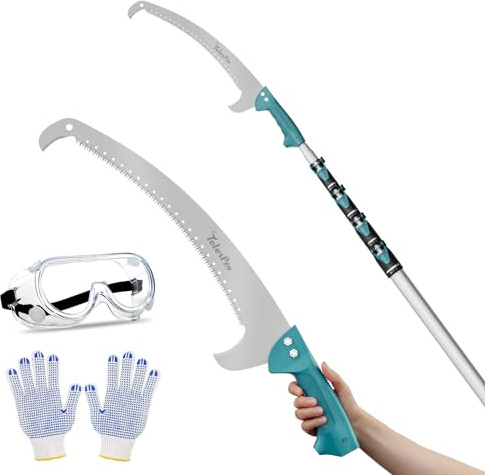 TelesPro Extendable Tree Trimmer: Manual Pole Saw | 6-24ft Telescoping Pruning Pole for Tree Trimming | Saw Attachment, Safety Goggles, and Gloves Included | Trim Branches up to 2 Diameter