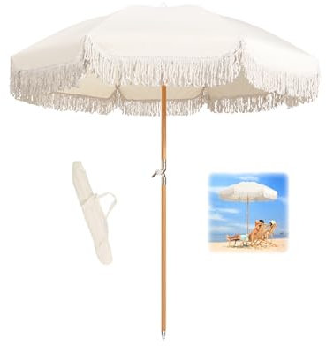 ELZEM 180cm Sonnenschirm Mit Quasten Weiß Gartenschirm Neigbar Strandschirm Uv Schutz Balkonschirm Wasserdicht Marktschirm Mit Tragetasche Für Terrasse Balkon Pool/8 Rippen