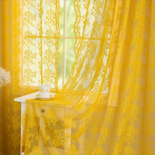 Mustard Yellow Living Room Curtains 72 inches Long 2 Panels Victorian Lace Gold Sheer Curtains Summer Retro Bohemian French Door Bathroom Voile Curtain Light filtering Rod Pocket W52 X L72 inch Gold
