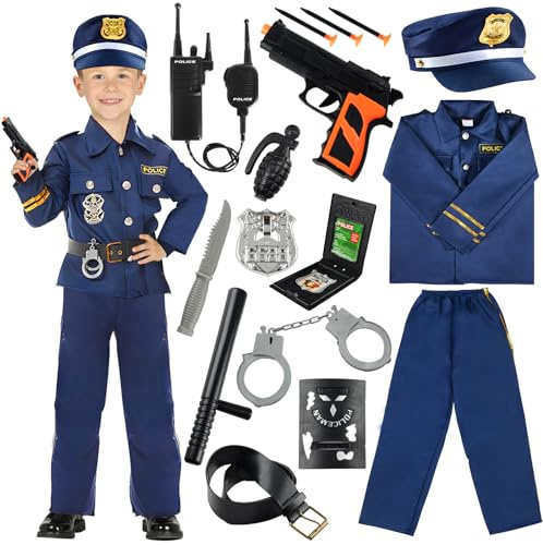 Disfraz de policía para niños, 14 piezas, disfraz de Halloween, equipo de juguete, con camisa, pantalones, gorro, esposas, walkie-talkie, insignia de policía, bastón, cinturón