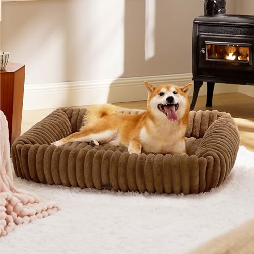 BEDSURE waschbares Hundebett für große Hunde - 91x68x20cm weicher orthopädischer Hundekorb mit bequemem Fleece-Bezug, rutschfestes Hundebett mit hohem Rand in braun